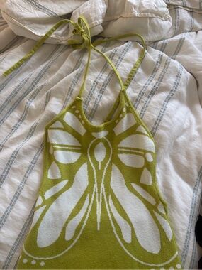 Green and White Butterfly Halter Knit Dress